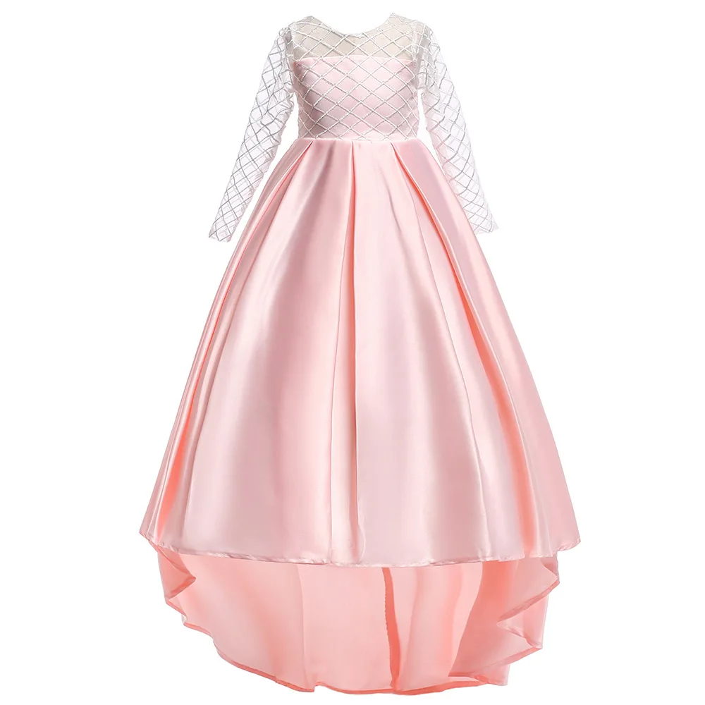 

Children Tail Dresses Girls 4 6 8 10 12 to 14 Years Long Sleeve Lace Satin Butterfly Knot Party Dress Kids Evening Costume 6C26A