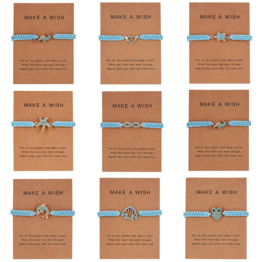

Handmade Blue Thread String Bracelet Alloy Charm Infinity 8 Love Heart Animal with Bead Design Braid Charm Bracelets