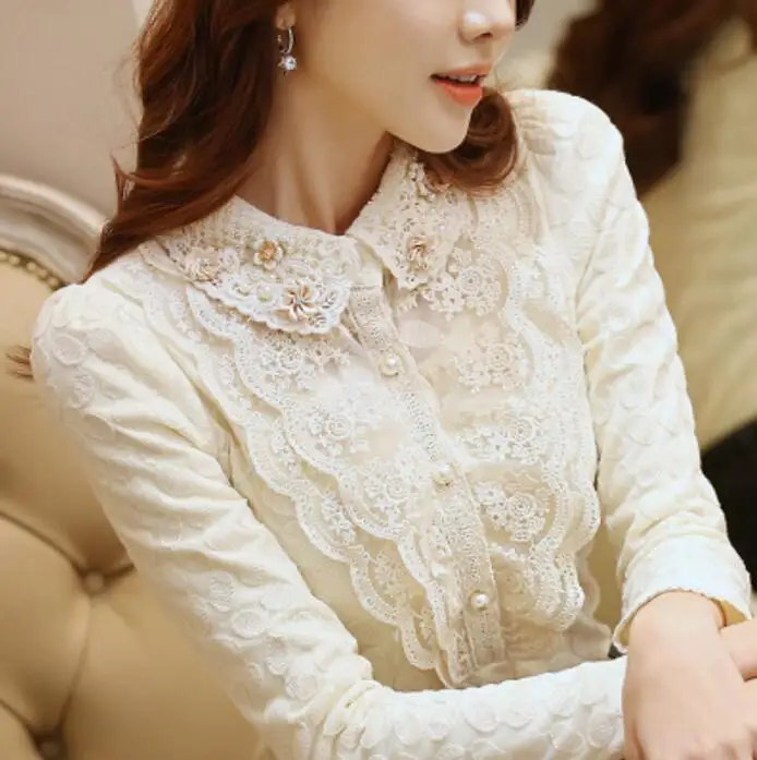 Женская кружевная блузка с длинным рукавом и бусинами|camisa feminina|blouse longlace blouse |