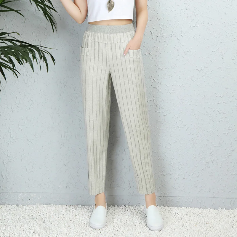 

2019 New Striped Casual High Waist Straight Pants Women Elastic Waist Trousers Female Casual Cotton Linen Pants Plus Size
