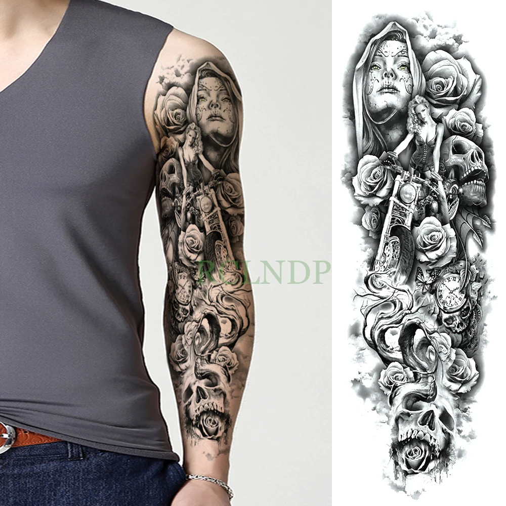 

Waterproof Temporary Tattoo Sticker Skull Motorcycle Rose full arm large size fake tatto flash tatoo sleeve for men women girl