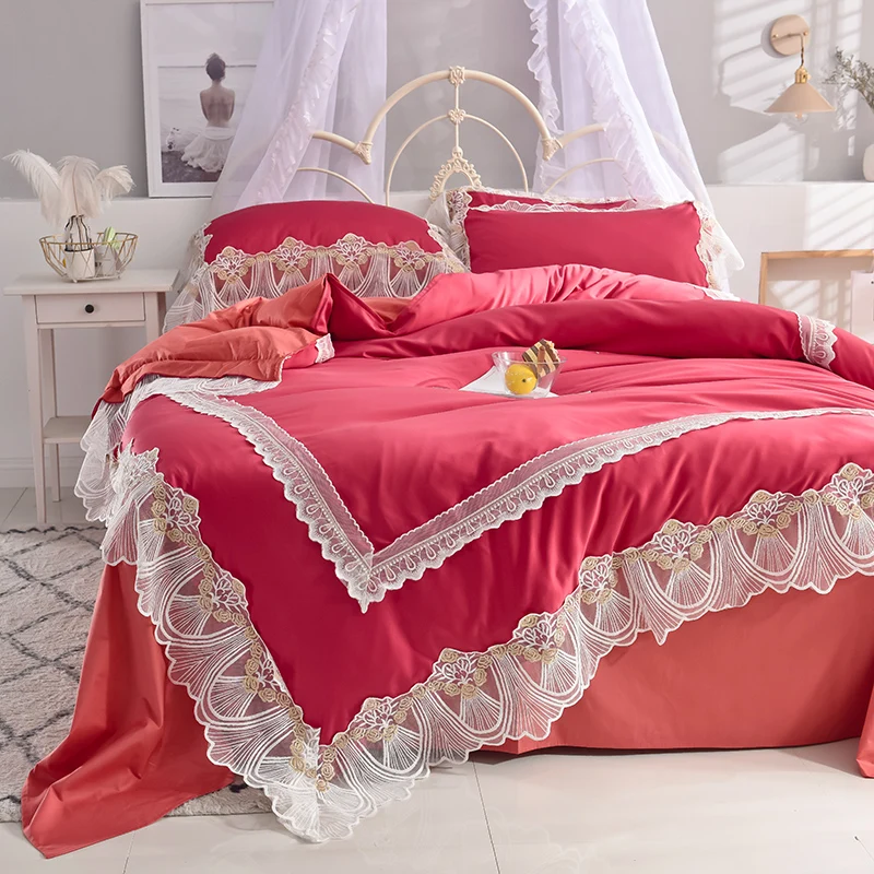 Waliicorners Super soft washed silk Bedding Set Duvet Cover Sheet/fitted sheet Pillowcase King Queen Size lace Bed Linen 73 DSC_1019
