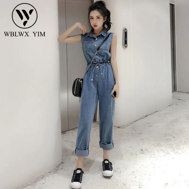 

High waist Denim Jumpsuits women Fashion Turndown collar Single-breasted Tooling Jumpsuit female 2019 Summer jeans overalls