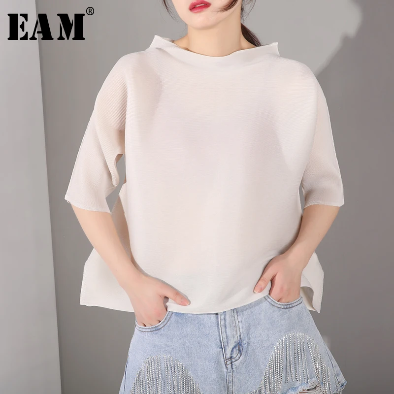 

[EAM] 2019 New Spring Summer Round Neck Three Quarter Sleeve Beige Pelated Split Joint Loose T-shirt Women Fashion Tide YC9831