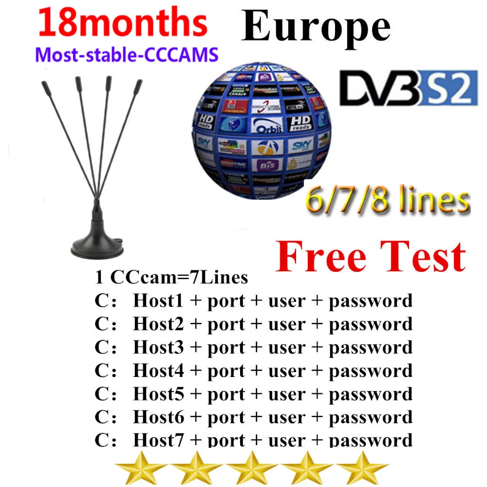 

1 year European 6 7 CCCAM lines HDcam for Satellite Receiver DVB-S2 support for TV receiver for Spain French Italy Dutch