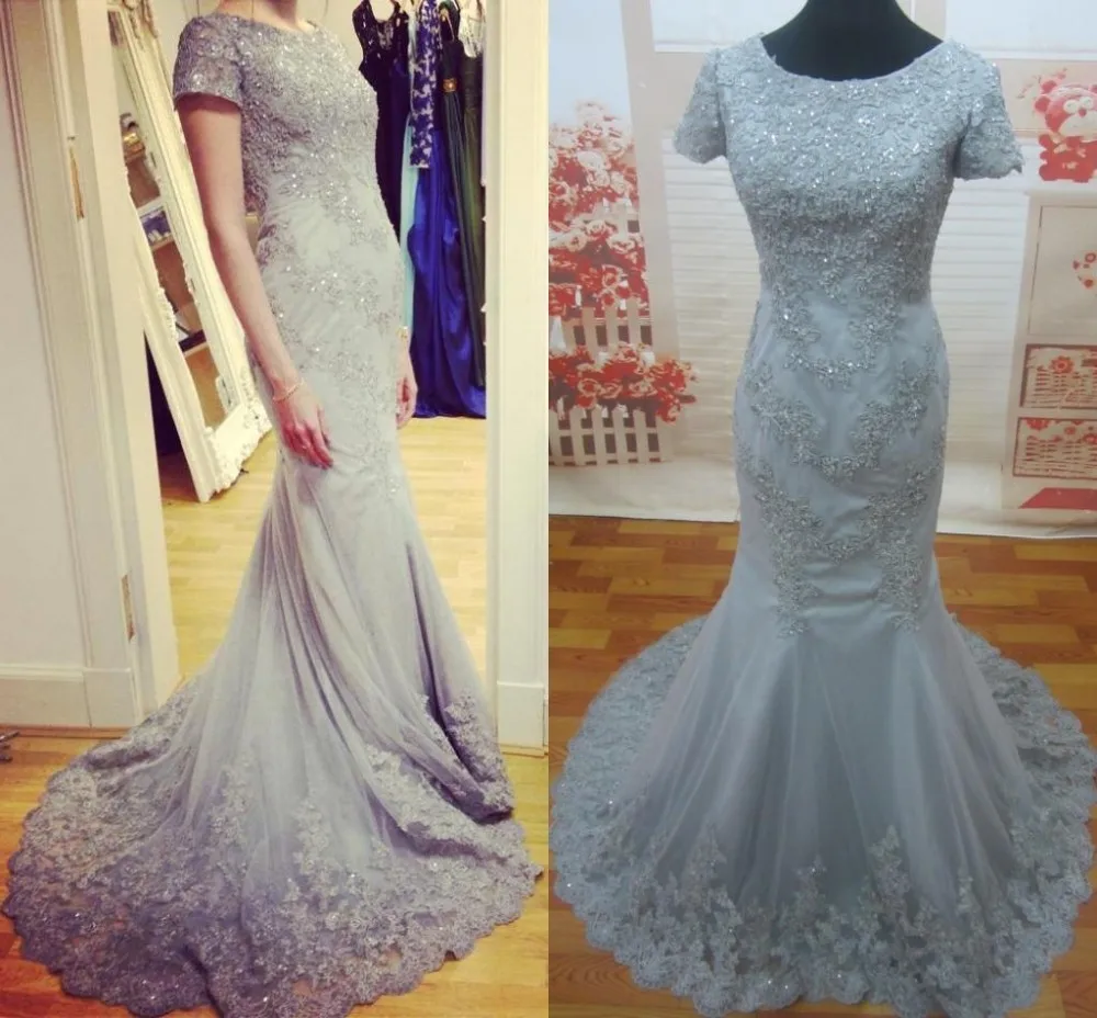 Real Image Cheap Mermaid Evening Dresses With Short leeves Crystal Green Formal Lace Prom Party Dress 2015 Sexy Modest Long Celebrity Gowns