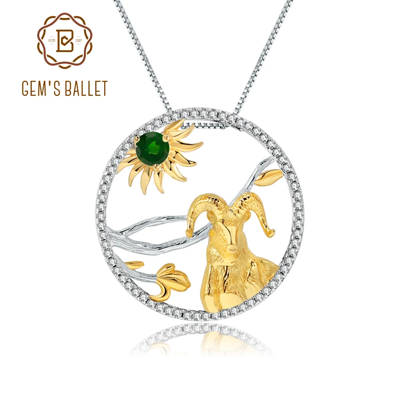 

GEM'S BALLET 925 Sterling Silver Handmade Goat Pendant Necklace For Women Natural Chrome Diopside 12 Symbolic Animal Jewelry