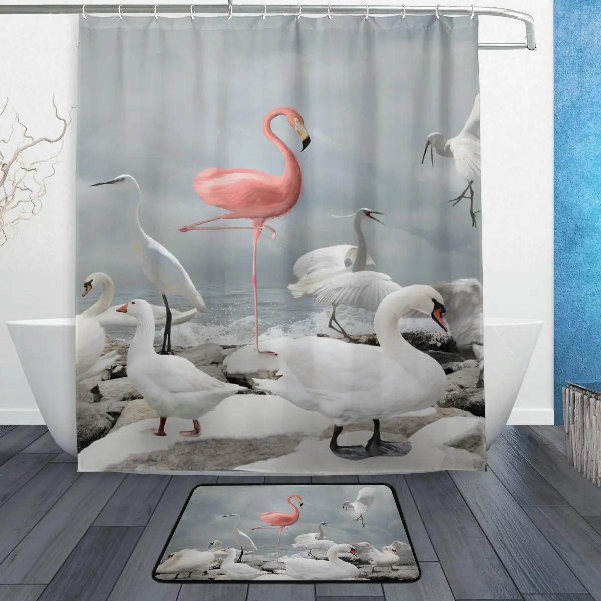 Flamingo Standing Crowd White Birds Shower Curtain Polyester Fabric