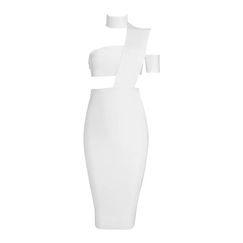 Новая мода Женское платье черный телесный Белый одно плечо платье-повязка до колена вечерние платья - Цвет: Белый