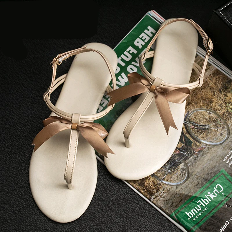 roman t strap clip toe gladiator sandals women silk riband bow knot