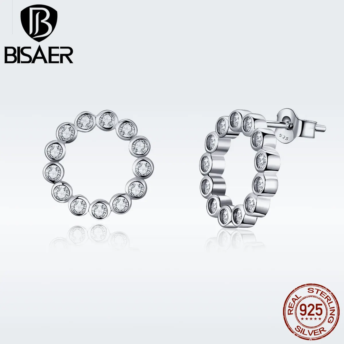 

BISAER 925 Sterling Silver Clear CZ Round Stud Earrings for Women Wedding Jewelry Original Brincos 2019 New GXE516