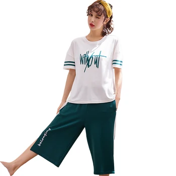 

Pyjamas Women Two Piece New Summer Thin Big Size Night Suit Letter Print 100% Cotton Women Home Clothes Girl Pajama Set Sleepwea