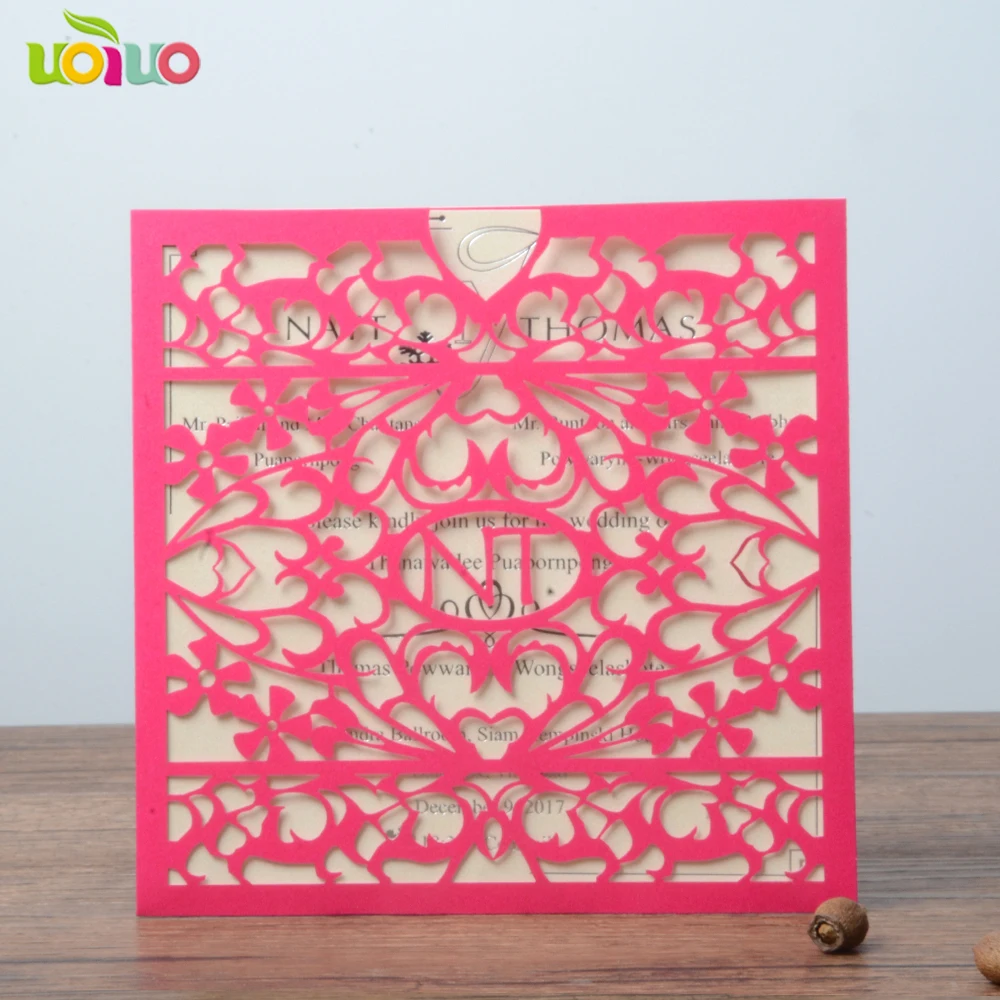 

50pc hot pink card Craft Laser Cut pocket Party Birthday Invitations Card free logo Country Style Folded Wedding Invitation Card