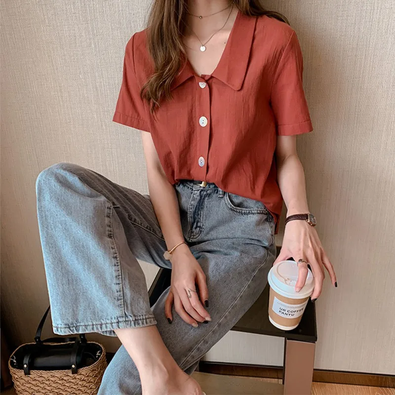 

Short Sleeve Lapel Collar Summer Blouse Office Ladies Retro Solid Cotton Blouse Top Women Slim Single Buckle Casual Blouses