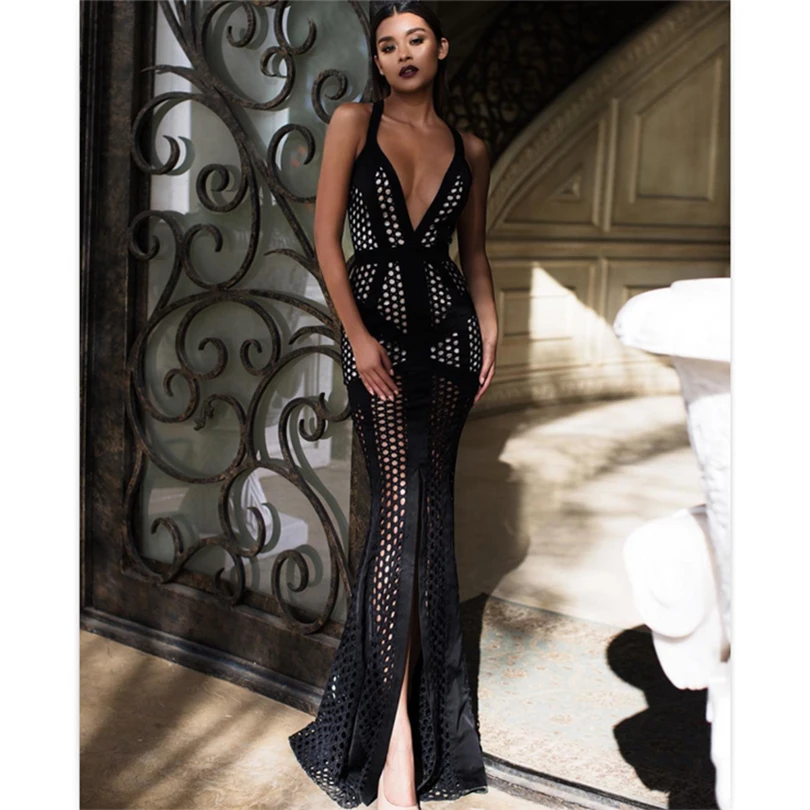 

HIGH QUALITY Newest 2018 Designer Maxi Dress Women's Deep V Sexy Strap Mesh Slit Mermaid Party Long Dress