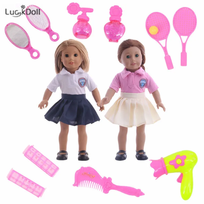 LUCKDOLL маленькой девочки, школьная униформа, гребень+ зеркало, 2 флаконы для духов, 2 щипцы для завивки волос, расческа, ракетка для игры в бадминтон, для 18 дюймов американская кукла