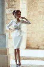 Elegante Weiße Kurze Spitze Cocktailkleider 3/4 Ärmeln Schöne Mantel Party Kleider Zwei Stücke Formales Kleid-nach Maß