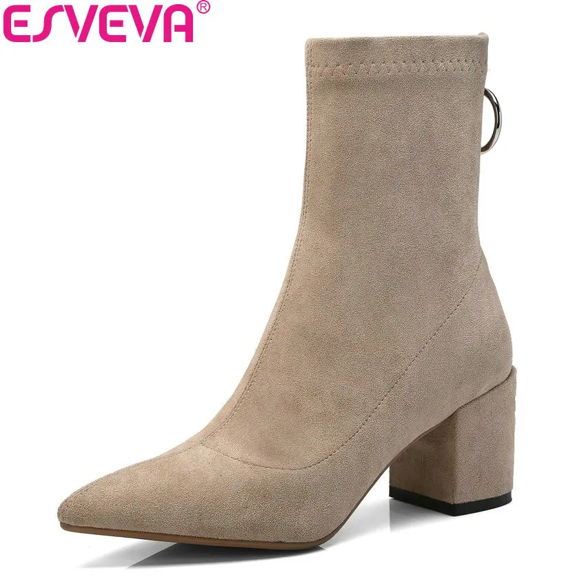 

ESVEVA 2019 Women Boots Square High Heels Zipper Ankle Boots Spring Autumn Shoes Concise Sewing Fashion Ladies Boots Size 34-39