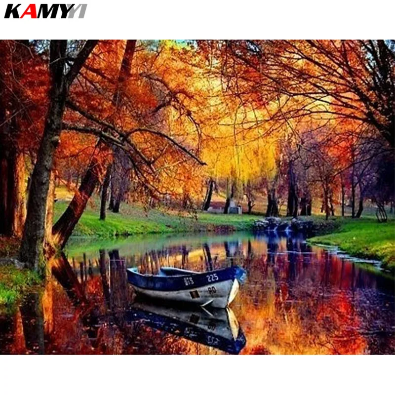 

Full Square Diamond embroidery Forest boat Full Diamond mosaic DIY 3D Diamond painting Cross stitch rhinestones decoration