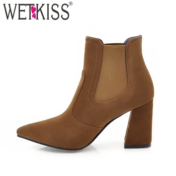 

Concise Slip On Ankle Boots 2018 New Arrival Add Fur Winter Boots Mature Pointed Toe Elastic Band Women's High Hoof Heel Shoes