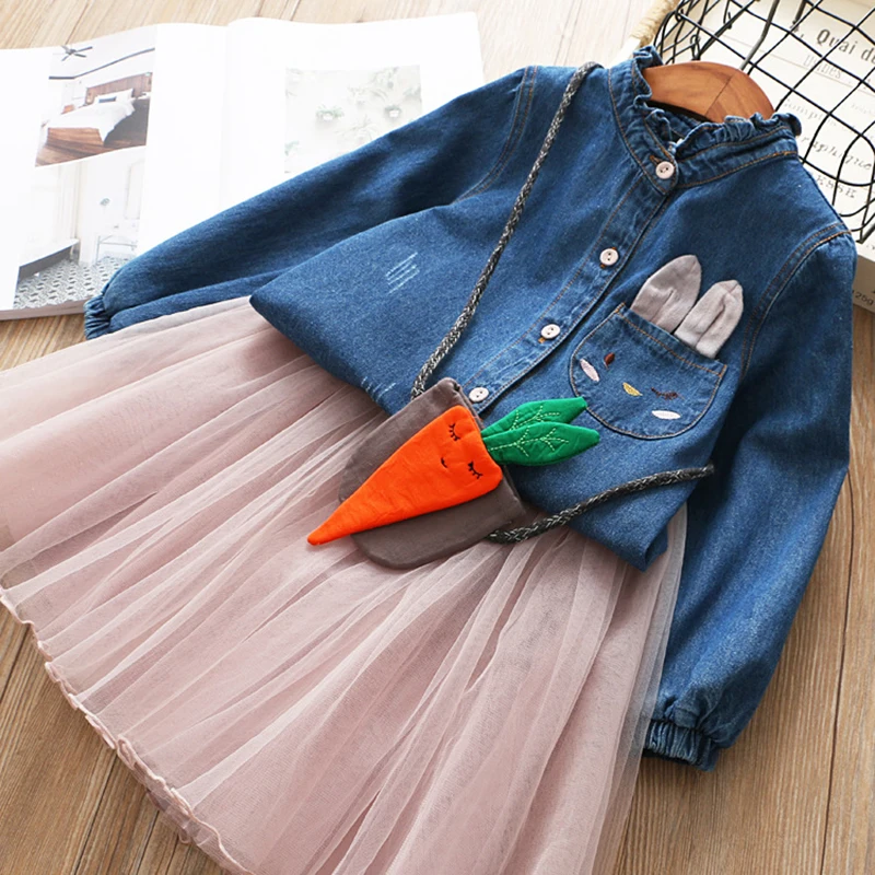 

Autumn Demin Dress New Style Girls Denim Dress Children Clothing Spring Style Girls Clothes Dress 3-7Y Kids Clothes Mesh Dress