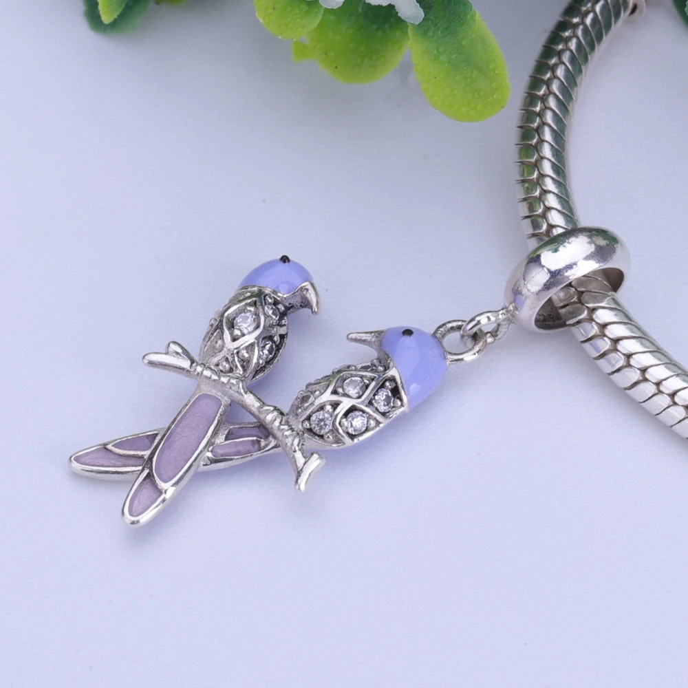 

100% 925 Sterling Silver Beads Charms Couple Bird Pendant Fit Pandora Charms Silver 925 original with Crystal