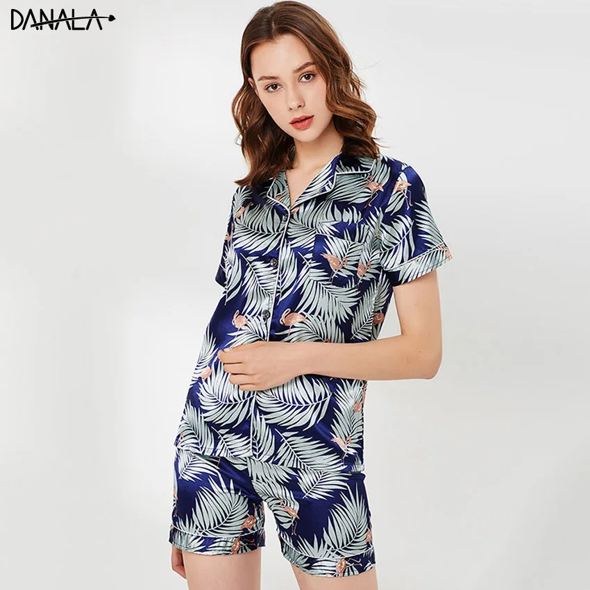 DANALA Sexy Silk Women Pajamas Sets With Shorts Summer Floral Print Turn-Down Collar Short Sleeve Sleepwear Sets
