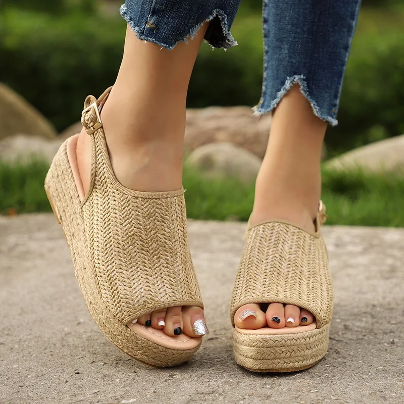 LASPERAL/летние женские пеньковые сандалии модная женская пляжная обувь на танкетке удобные туфли на платформе Большие размеры 43