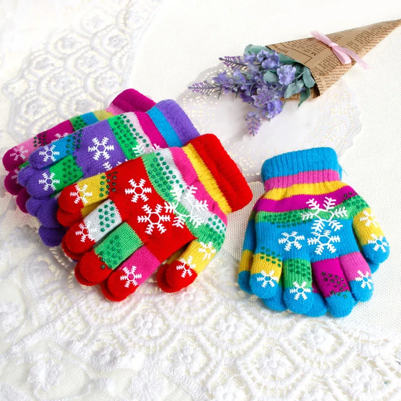 Autumn Winter Children Bilayer Thickened Snow Print Colored Yarn Knit Gloves