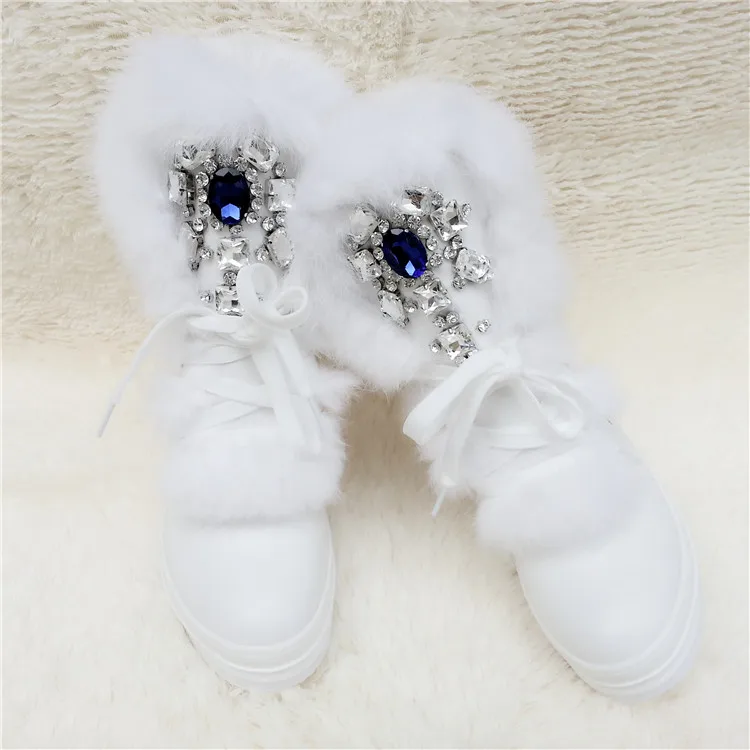 Зимние ботинки на натуральном кроличьем меху Стразы теплые ботинки со стразами под бриллианты Женская плотная теплая Высокая обувь Зимние сапоги; Большие размеры 41