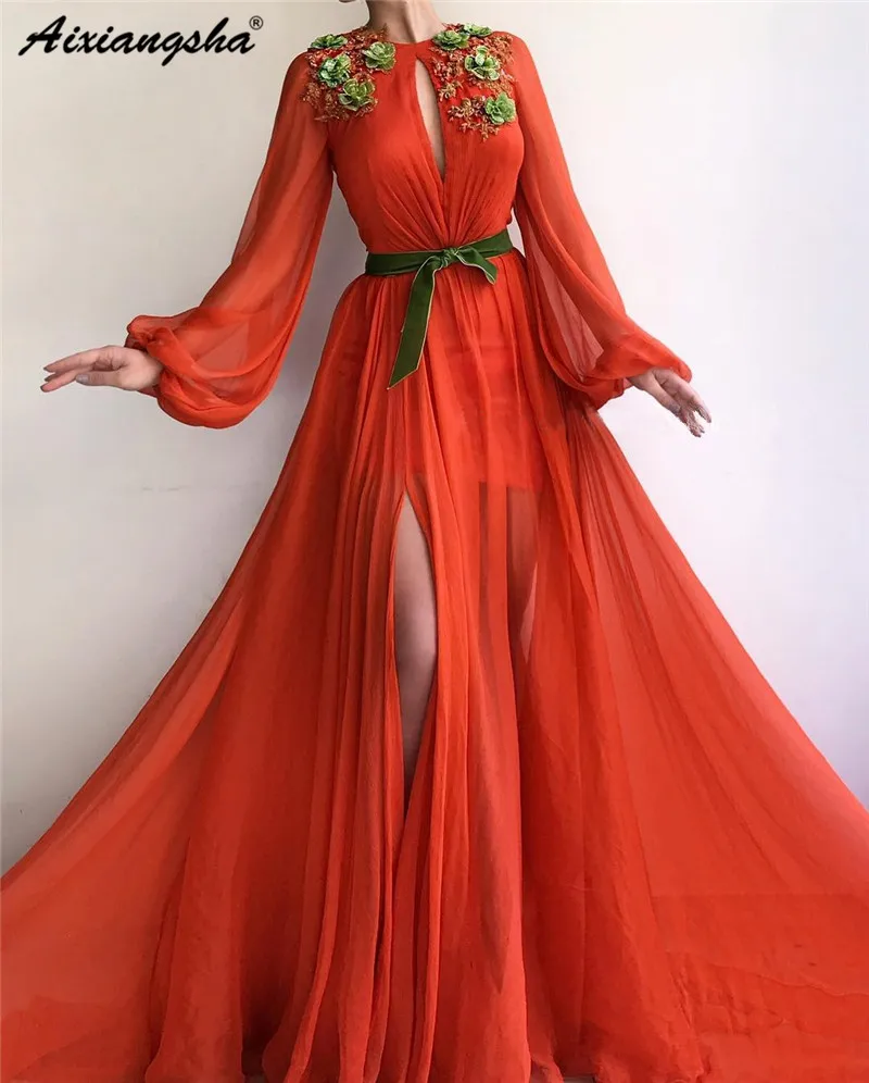 

Chiffon Orange Long Evening Dress A-Line O-Neck Full Sleeves Lace 3D Flower Evening Formal Party Dresses 2019 Vestido de festa