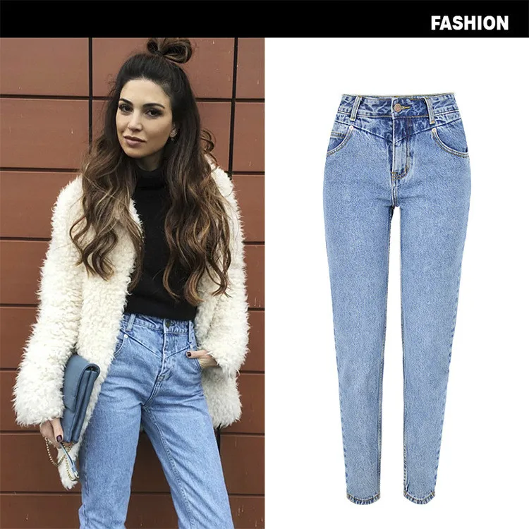 

Fashion women's jeans autumn and winter new high waist slim straight jeans washed denim trousers street pants streetwear