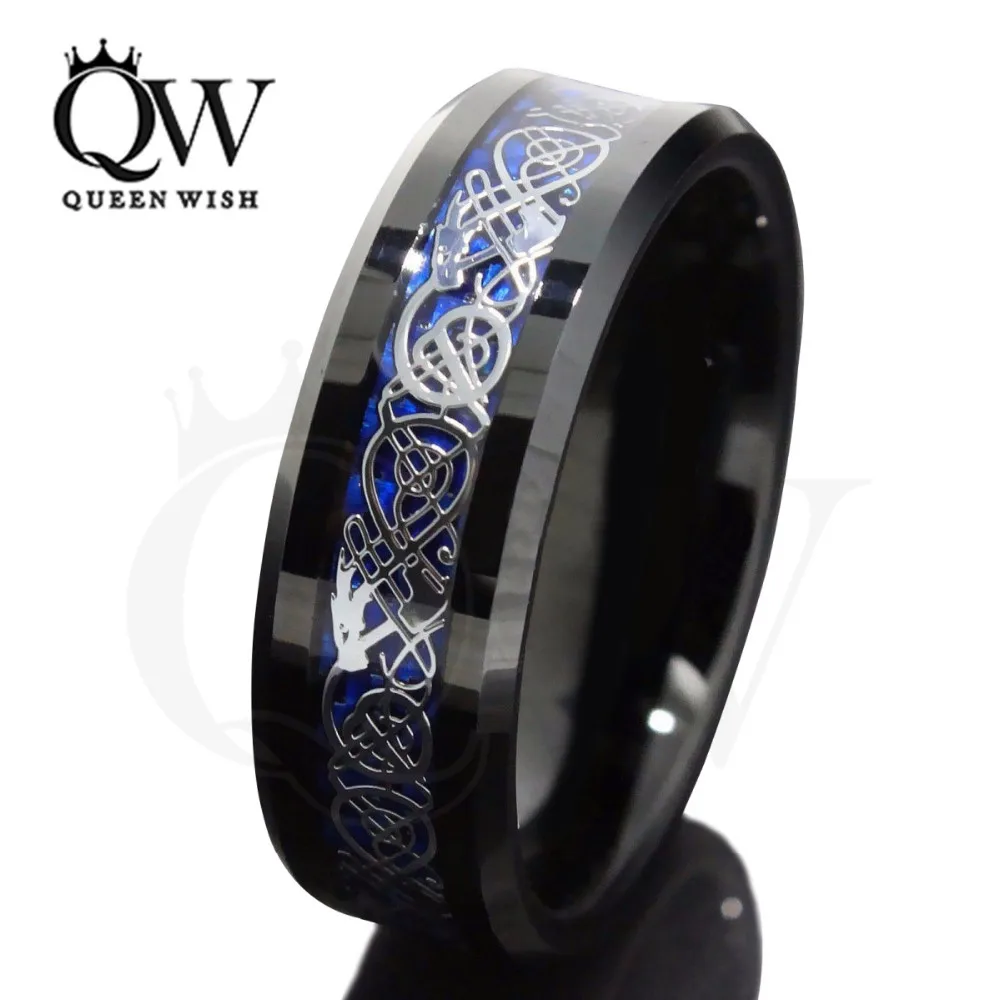 2019 Queenwish 8mm Black Blue Tungsten Carbide Rings Sliver Queenwish Black Blue Celtic Dragon Tungsten Ring Knot