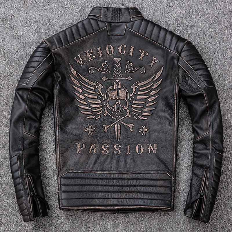 Vintage Motorcycle Jacket Skull 100% Cowhide Slim Fit Men Leather
