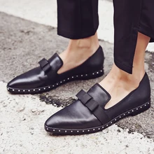 Женские бархатные тканевые узел галстук бабочка с острым носком на плоской подошве; повседневная обувь с заклепками; сезон весна-осень; Лоферы без застежки; 20170206