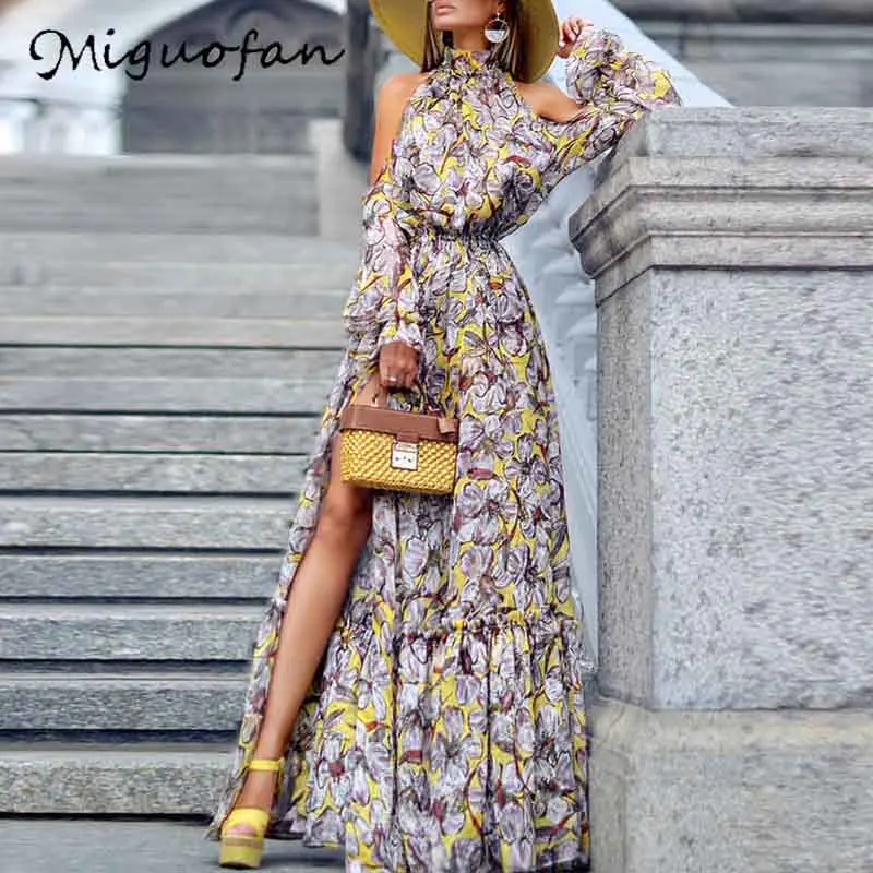 Женское длинное платье с лямкой на шее Miguofan летнее свободное открытыми плечами и