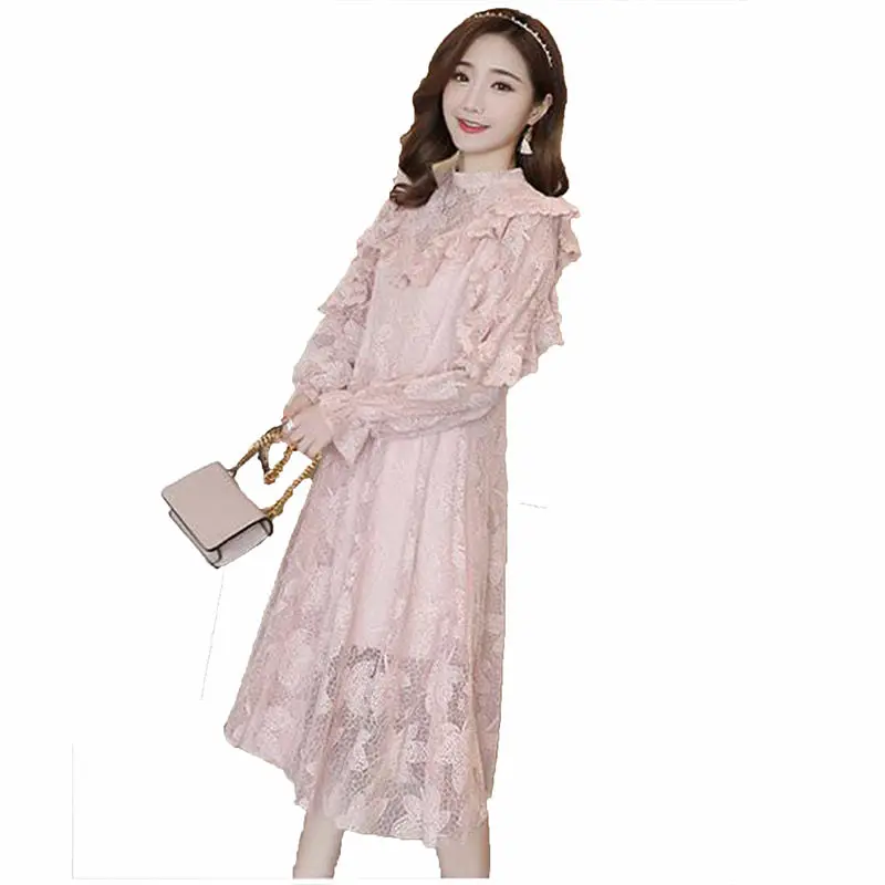 

2019 Spring Autumn Pregnant Women Pregnancy Clothes Lace Flare Sleeve Vestido Maternity Ruched Nursing Bowknot Collar Dress Q622