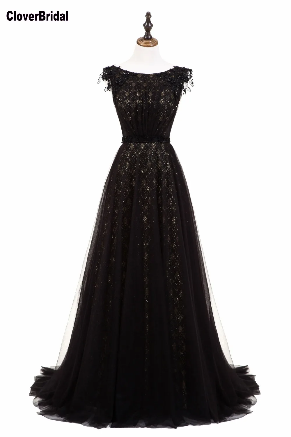 Женское платье из фатина с открытой спиной CloverBridal Mangas COM aplicacoes de perolas Tule bordado Preto