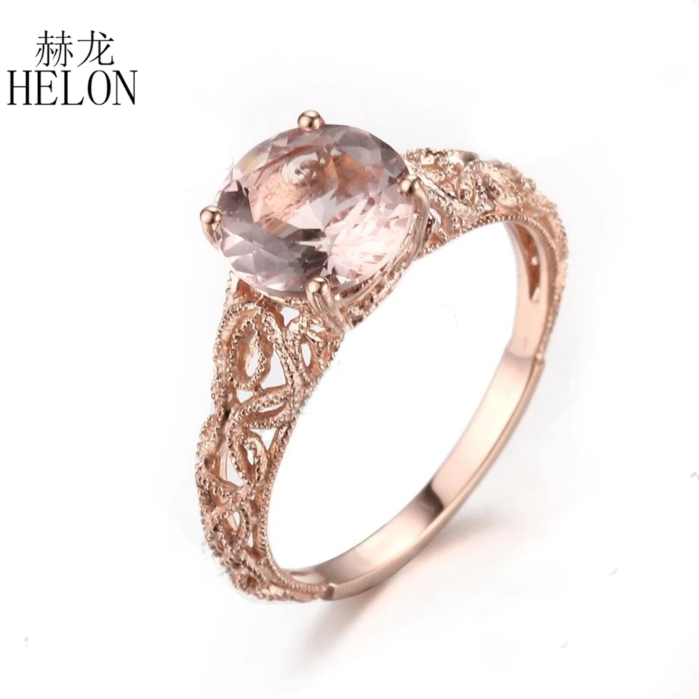 

HELON 8mm Round Genuine Morganite Filigree Solid 14K Rose Gold Vintage Antique Engagement Wedding Women's gemstone Jewelry Ring