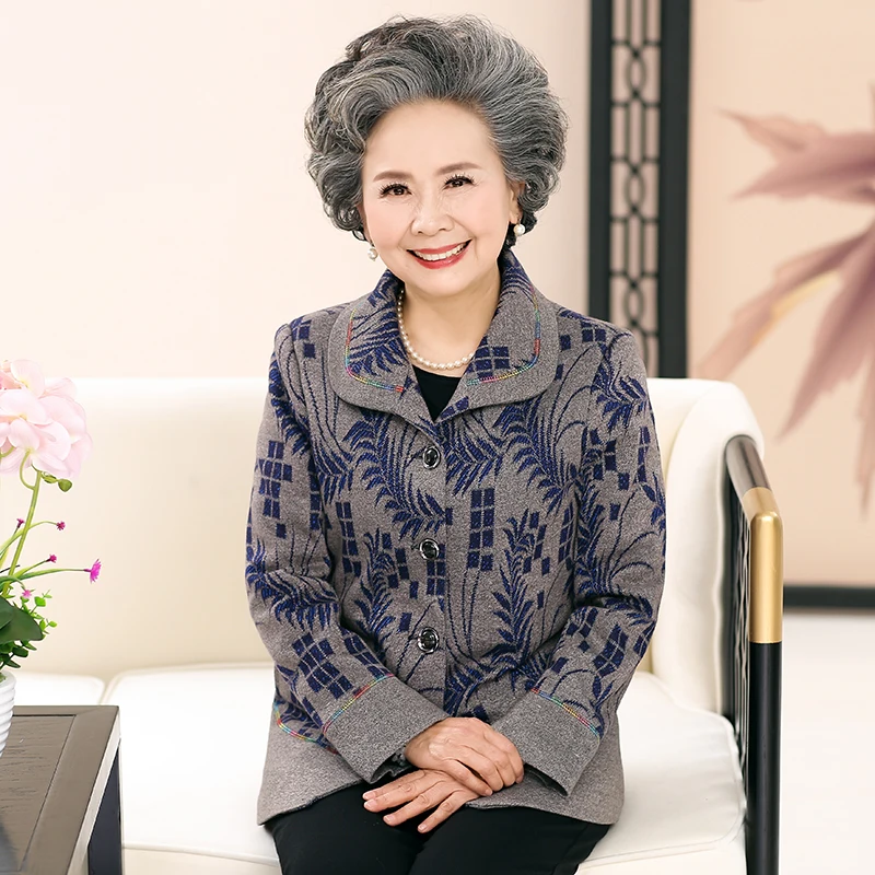 2017 Grandma Spring Jackets Button Front Basic Coats Elderly Women's Elegant Jacket Flower Print Coat Chinese Woman Outerwear XL
