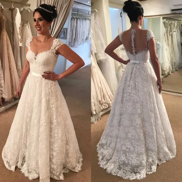 

Wedding Dresses 2019 Full Lace Bridal Gowns A-Line Vestidos de Novia Sheer Neck Bow Sash Gelinlik Cap Sleeves Custom Make Button