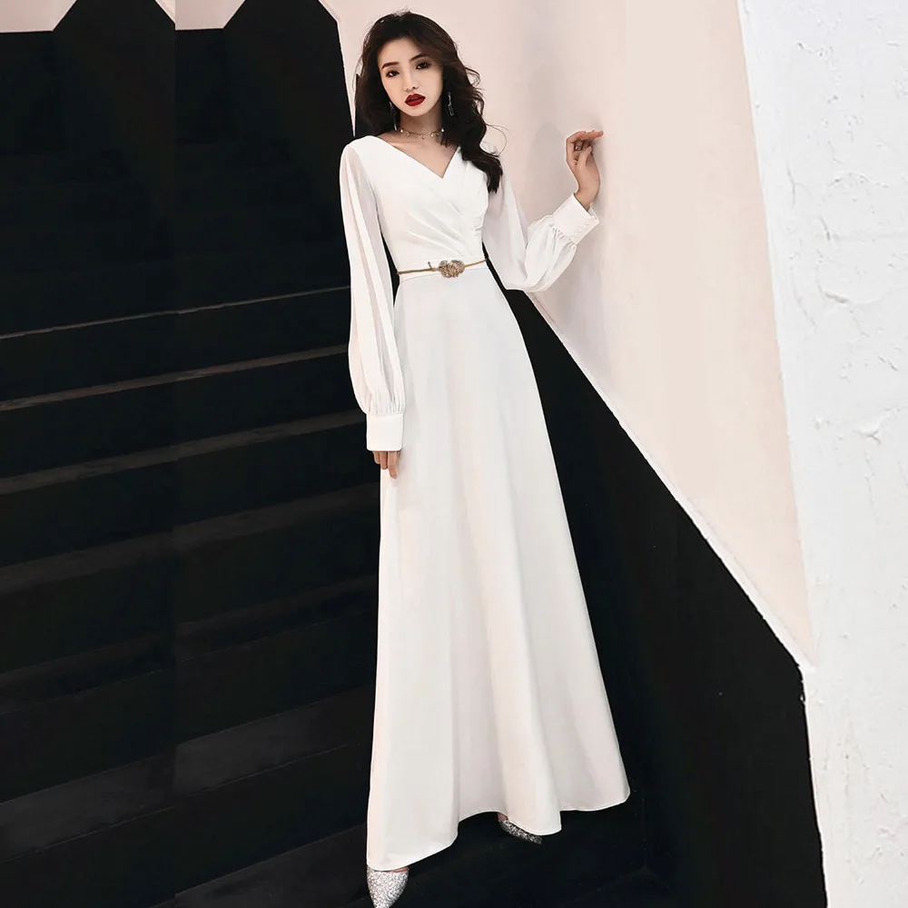 

Elegant Muslim Evening Dresses 2019 A-line Long Sleeves Chiffon Islamic Dubai Saudi Arabic Long Prom Dress White And Gold Belt