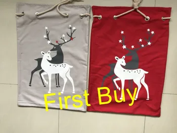 

10pcs/lot hot selling new design 2 styles mixed red and grey santa deer sack Christmas santa sacks canvas santa sack wholesale