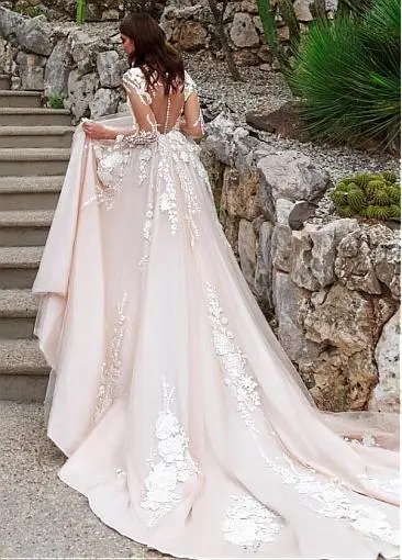 Очаровательное длинное свадебное платье трапециевидной формы с v-образным вырезом с аппликацией Иллюзия сзади Свадебные платья Vestido de Noiva
