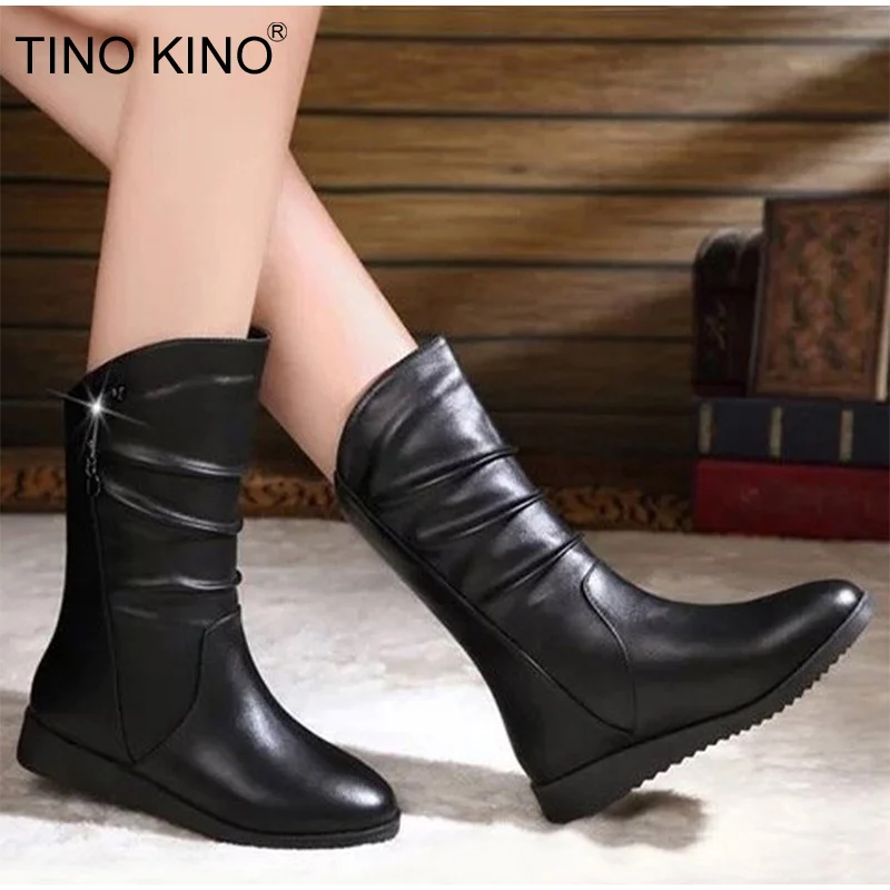 

Women Snow Boots Fur Plush Flat Slip On Girls Mid Calf Boots Zip Metal Decoration Comfortable Winter Warm Shoes Ladies Plus Size