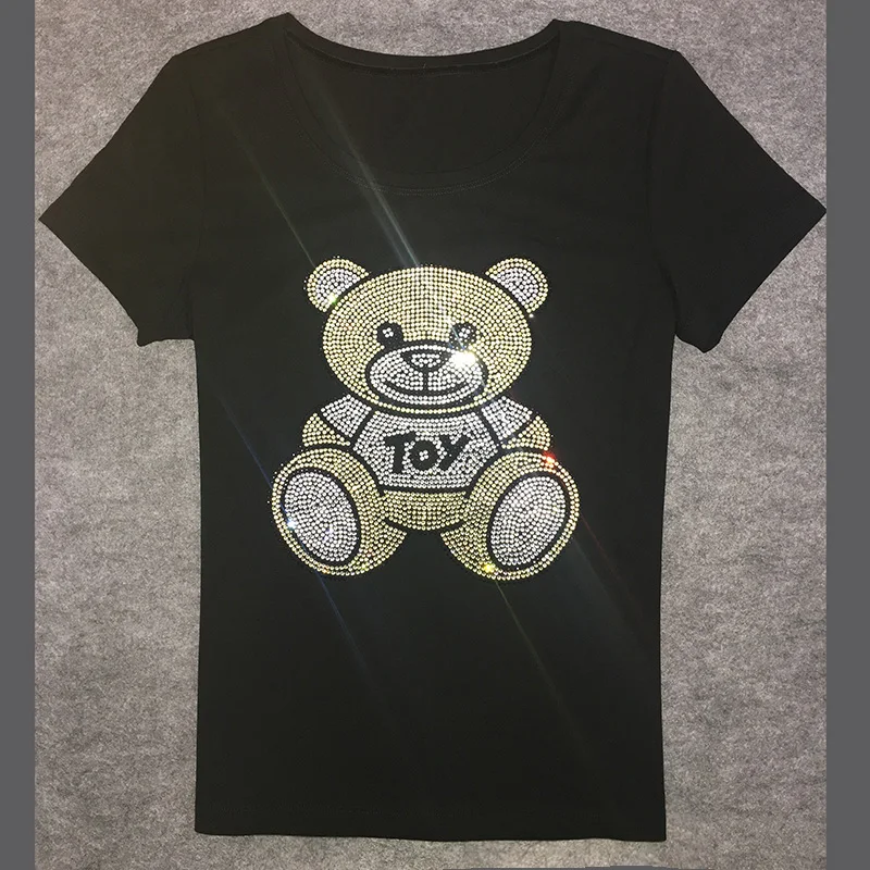 

Lovely Bear Print Shining Crystal female T-shirt Casual Tops Tees Slim ropa mujer Short Sleeve Camiseta Good Quality Tees