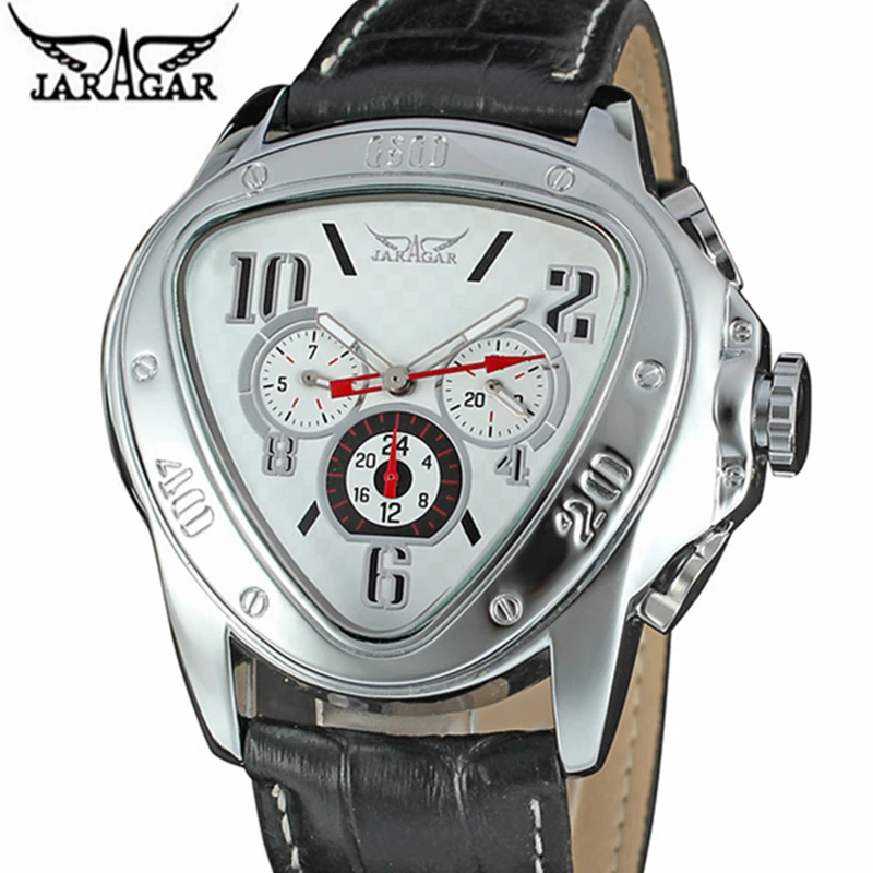

Jaragar Mens Watches Top Brand Luxury Automatic Wrist Watch Sport Racing Design Geometric Triangle Design Genuine Leather Strap
