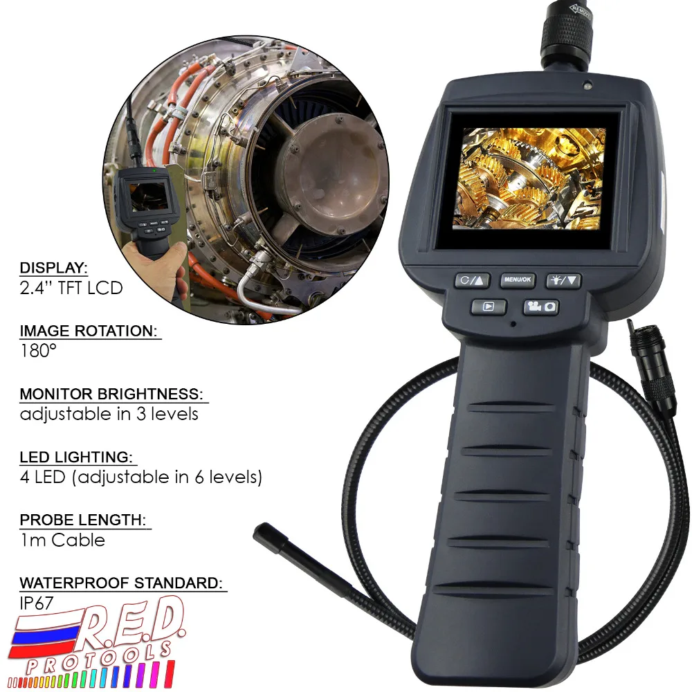 

Recordable 9mm Inspection Camera Endoscope 4 LED 1M Cable 2.4" HD Monitor Borescope, 2GB Card, IP67 Scope, Video Recording