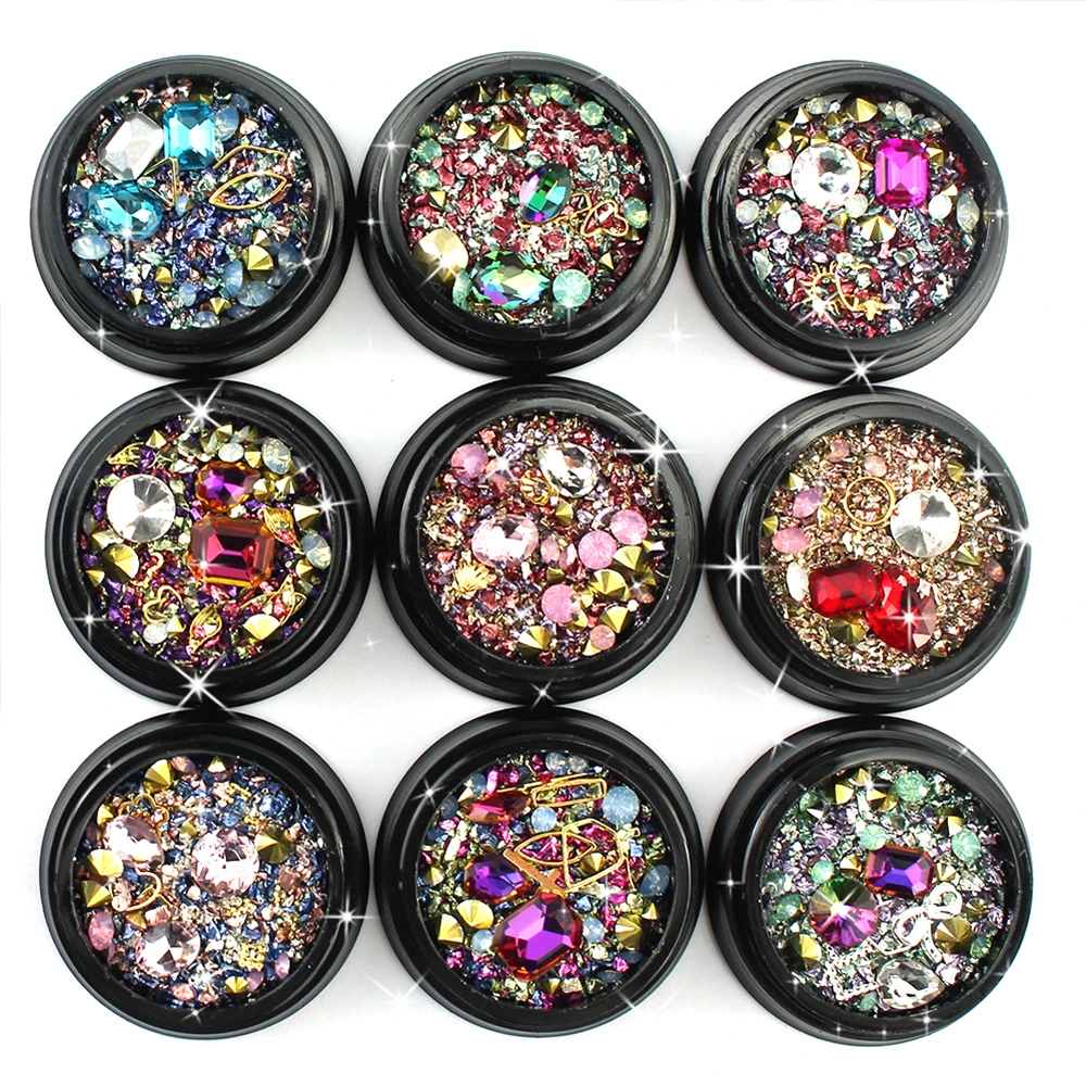 

1 Box Mix Nail Rhinestones Multi Size Glass Colorful AB Crystal Metal DIY Shining Charm Nail Art Decoration DIY Tool