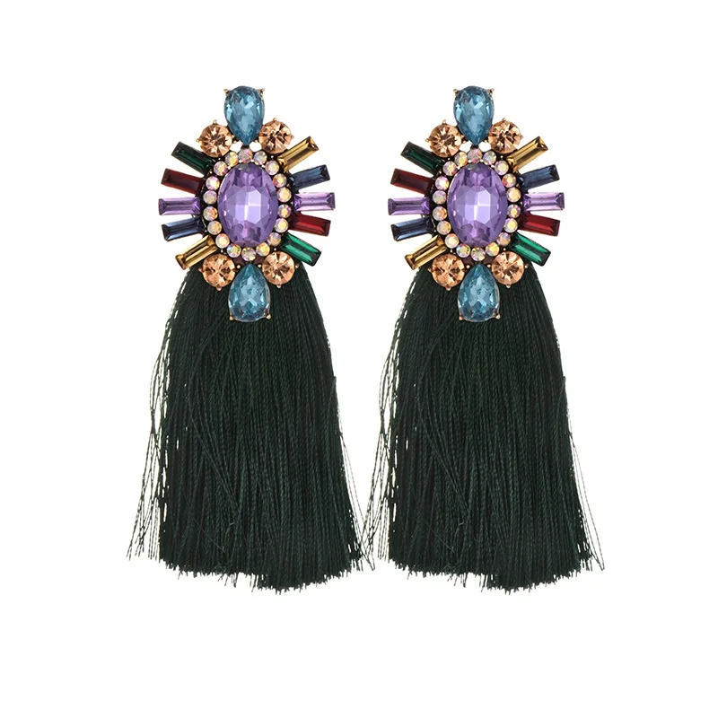 22 Colors Blue Long Tassel Earrings For Women Vintage Crystal Drop Earrings For Wedding Fashion Statement Jewelry - Окраска металла: purple dark green